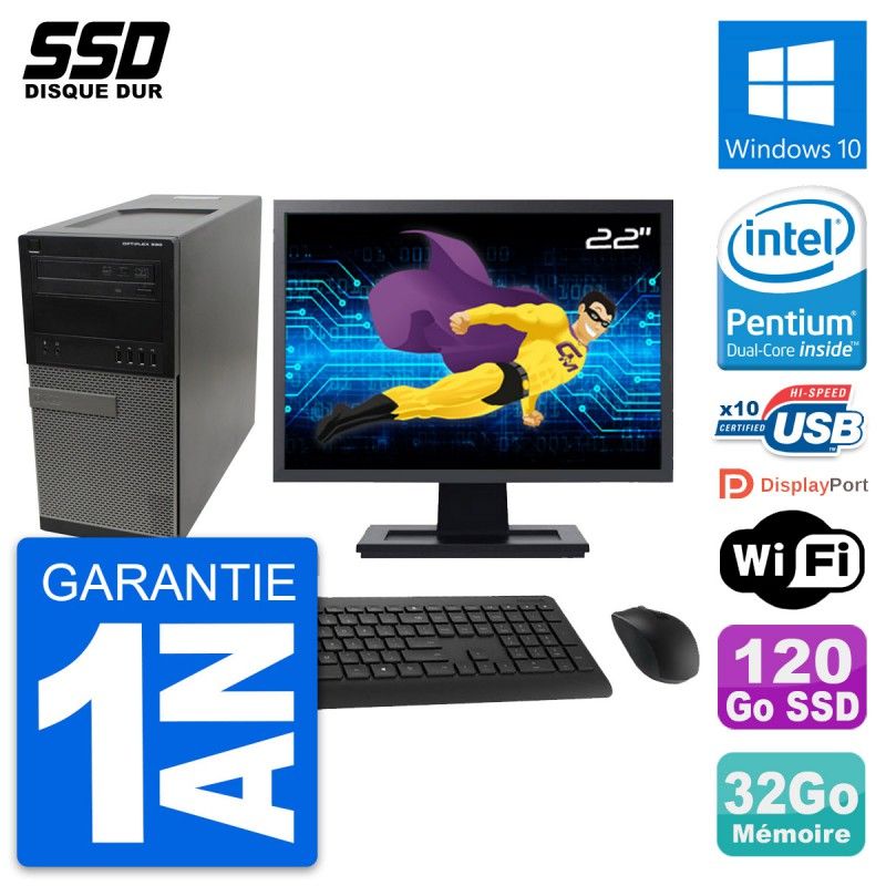 Dell OptiPlex 990 Desktop Computer, 22" Screen, Intel G630 Processor, 32GB RAM, 120GB SSD, Windows 10