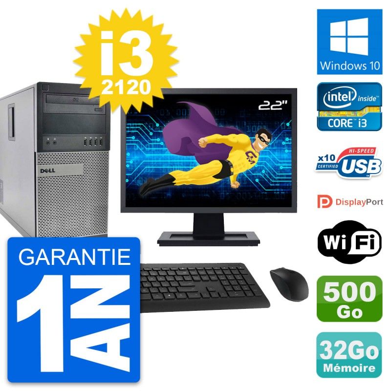 Dell OptiPlex 990 Desktop PC - 22" Screen, Intel i3-2120, 32GB RAM, 500GB HDD, Windows 10, WiFi