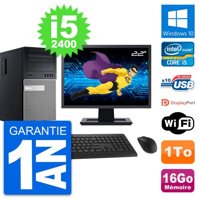 Dell OptiPlex 990 Desktop PC - 22" Screen, Intel i5-2400, 16GB RAM, 1TB HDD, Windows 10, WiFi