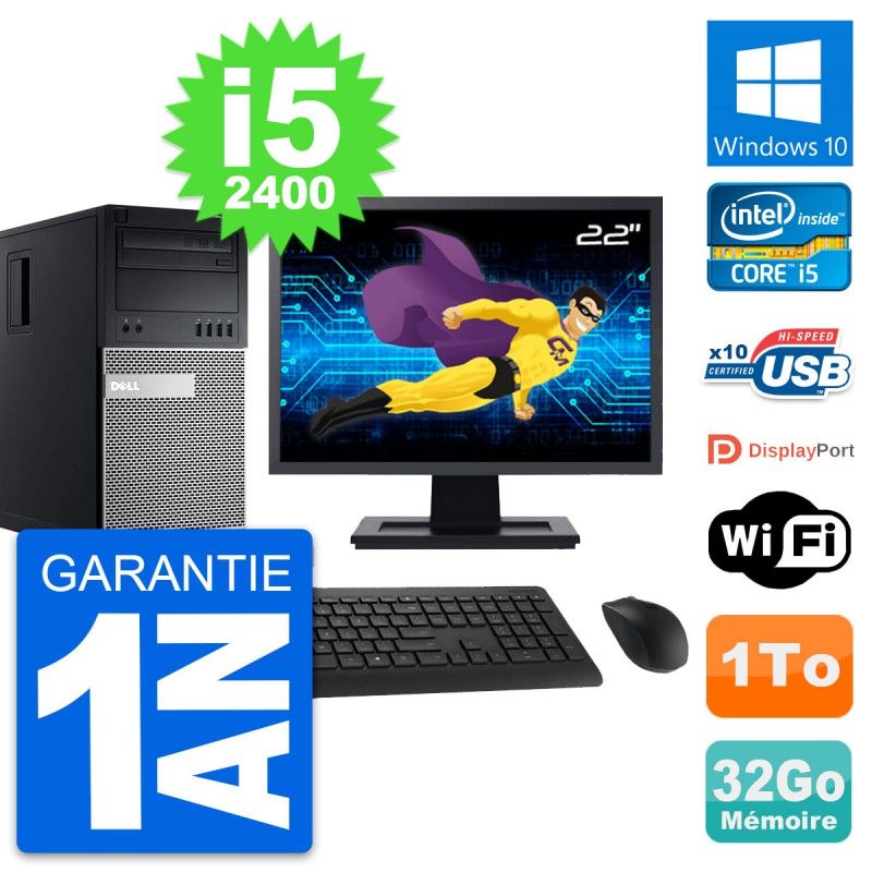 Dell OptiPlex 990 Desktop PC - 22" Screen, Intel i5-2400, 32GB RAM, 1TB HDD, Windows 10, WiFi