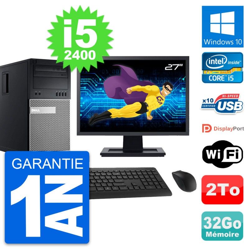 Dell OptiPlex 990 Desktop PC - 27" Screen, Intel i5-2400, 32GB RAM, 2TB HDD, Windows 10, Wi-Fi
