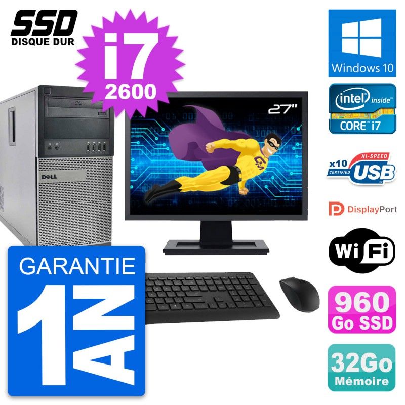 Dell OptiPlex 990 Desktop PC - 27" Screen, Intel Core i7-2600, 32GB RAM, 960GB SSD, Windows 10, WiFi