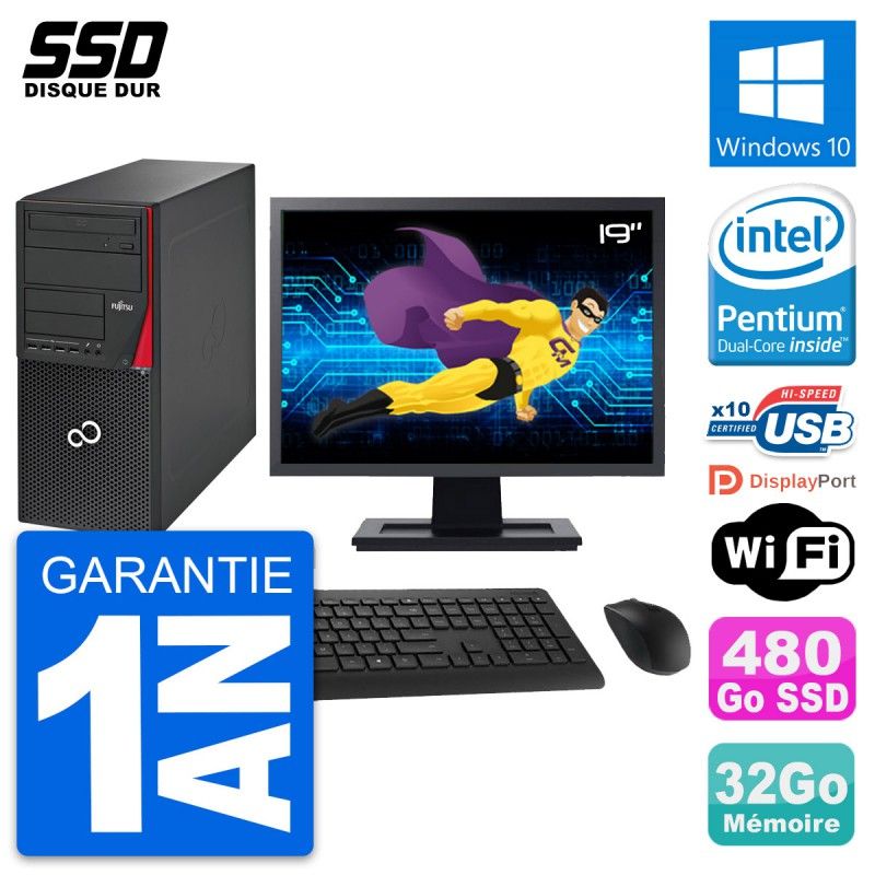 Fujitsu P720 19-inch PC Tower - Intel G3220, 32GB RAM, 480GB SSD, Windows 10, WiFi