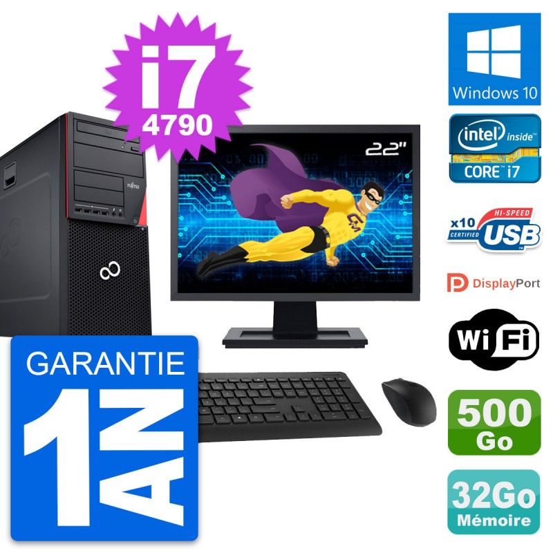 Fujitsu P720 22-Inch PC Tower - i7-4790, 32GB RAM, 500GB Disk, Windows 10, Wifi
