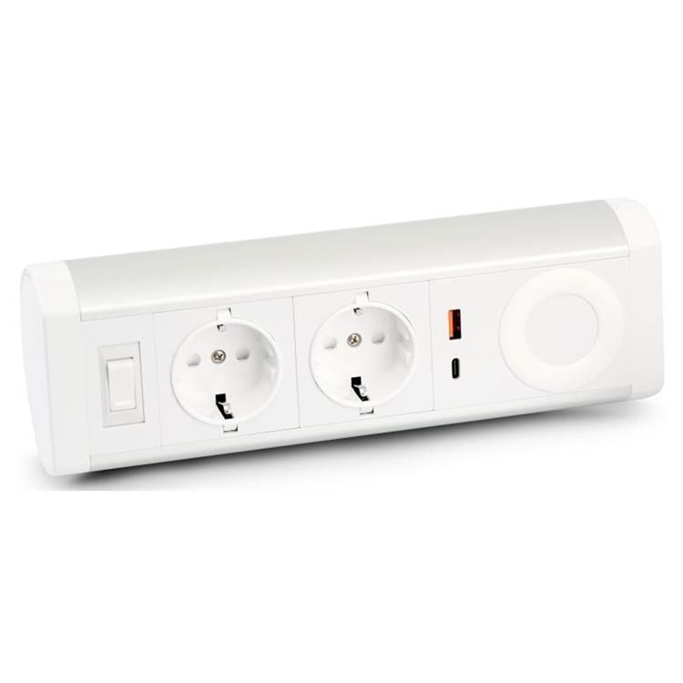 Urban Factory POWEE Desk, 2200W Power Strip, USB-C & USB-A Ports, Wireless Charging, 100-250V, 2 Outlets, 1.35m Cable, White