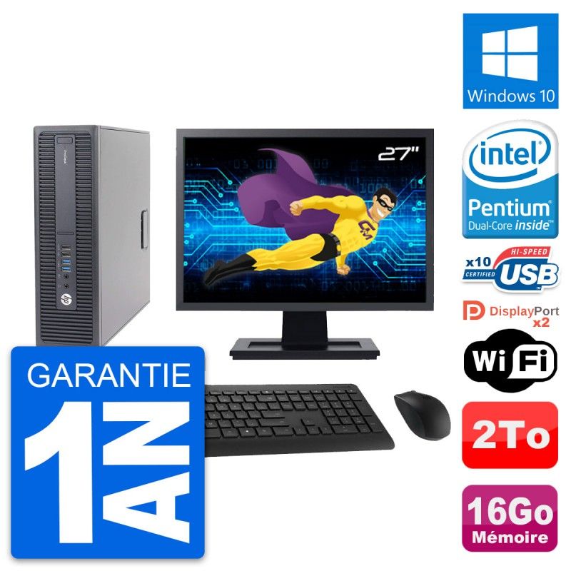 HP ProDesk 600 G2 SFF Computer - 27" Screen, Intel Pentium G4400, 16GB RAM, 2TB HDD, Windows 10, WiFi