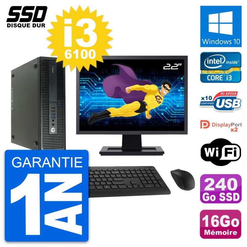 HP ProDesk 600 G2 SFF Computer | 22" Screen | Intel Core i3-6100 | 16GB RAM | 240GB SSD