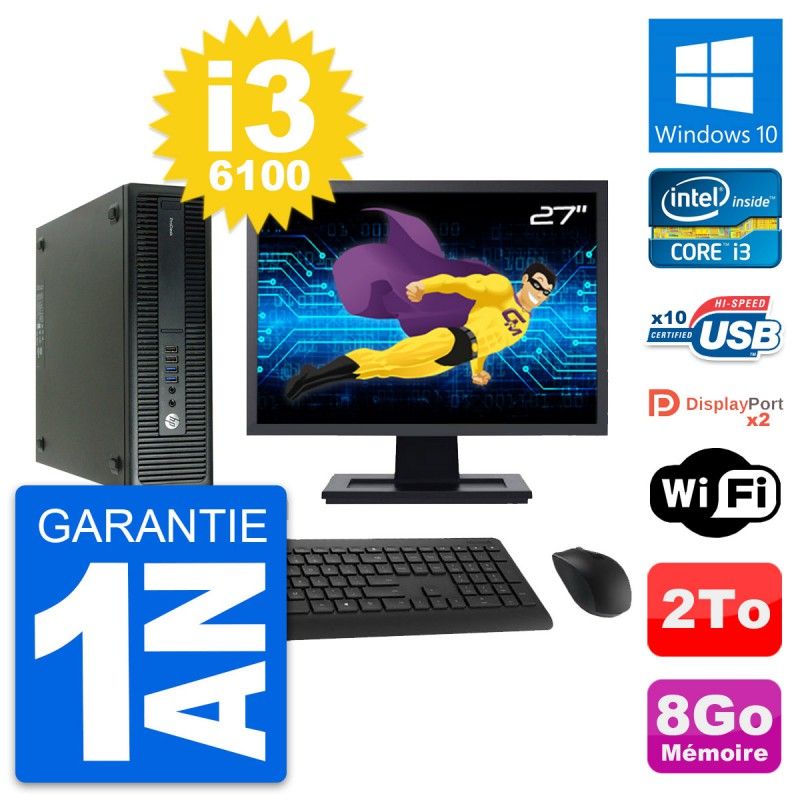 HP ProDesk 600 G2 SFF Desktop Computer, 27" Screen, Intel Core i3-6100, 8GB RAM, 2TB HDD, Windows 10, WiFi