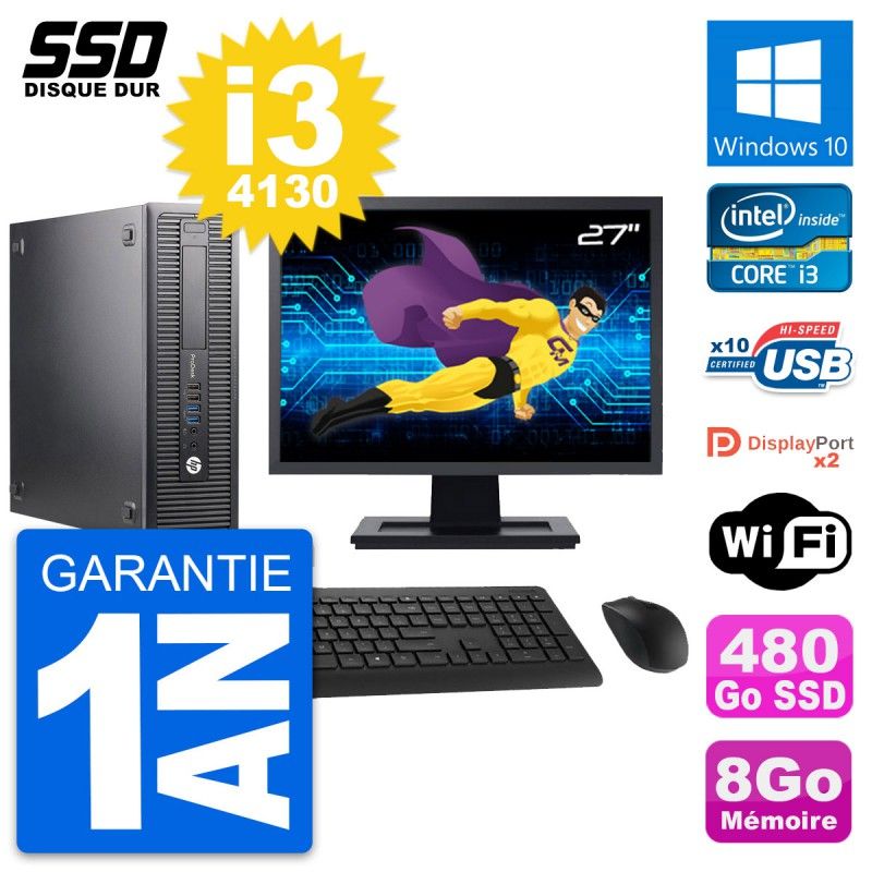 HP ProDesk 600 G1 SFF Desktop Computer - 27" Display, i3-4130, 8GB RAM, 480GB SSD, Windows 10, Wifi