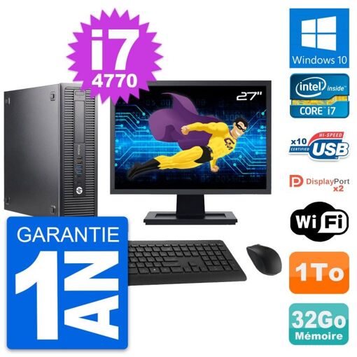 HP ProDesk 600 G1 SFF Computer - 27" Screen, Intel i7-4770, 32GB RAM, 1TB Hard Drive, Windows 10, Wifi