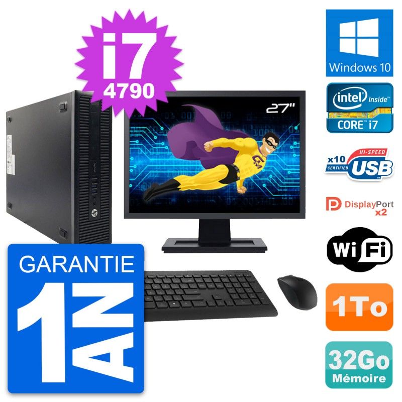 HP ProDesk 600 G1 SFF Computer, 27" Screen, Intel i7-4790, 32GB RAM, 1TB HDD, Windows 10, WiFi