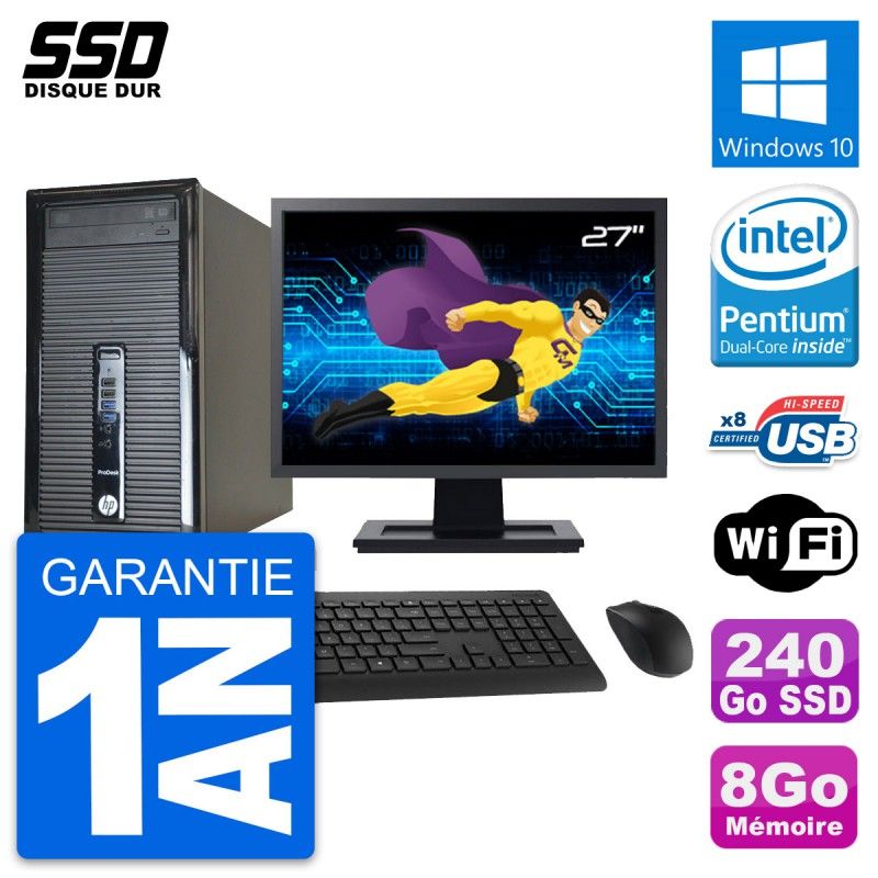 HP ProDesk 400 G1 Desktop PC - 27" Display, Intel Pentium Dual-Core G3220, 8GB RAM, 240GB SSD, Windows 10, WiFi