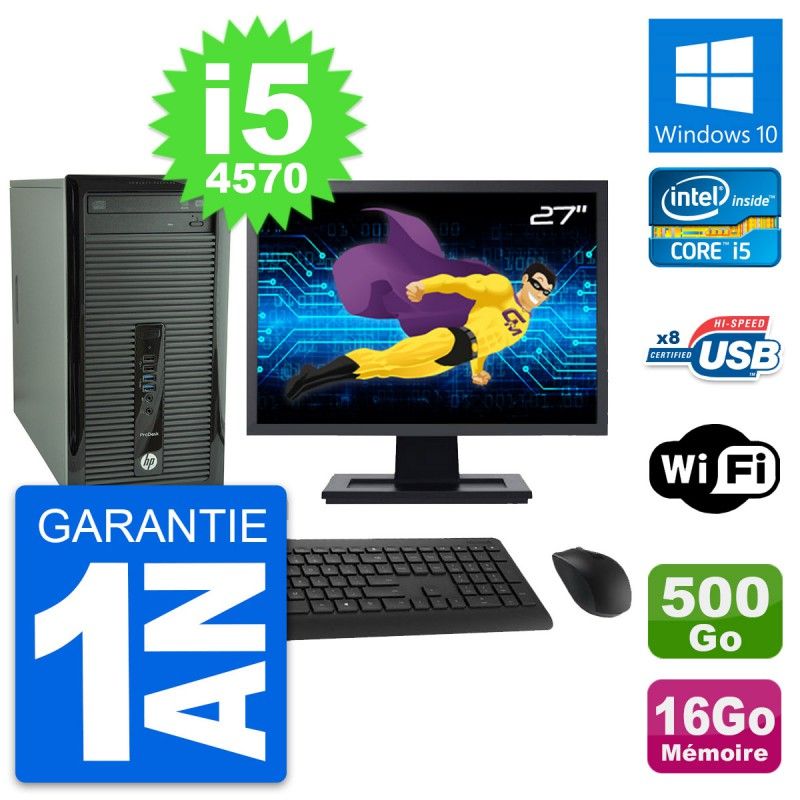 HP ProDesk 400 G1 Desktop Computer, 27-inch Display, Intel i5-4570, 16GB RAM, 500GB HDD, Windows 10, WiFi