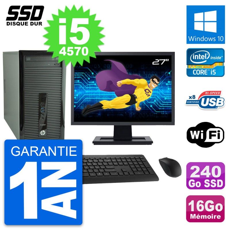 HP ProDesk 400 G1 Desktop PC - 27" Screen, Intel i5-4570, 16GB RAM, 240GB SSD, Windows 10, WiFi