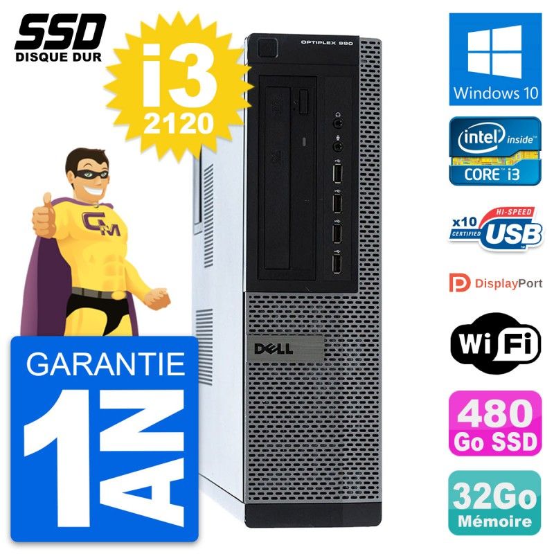 Dell OptiPlex 990 DT Desktop PC - Intel Core i3-2120, 32GB RAM, 480GB SSD, Windows 10, WiFi