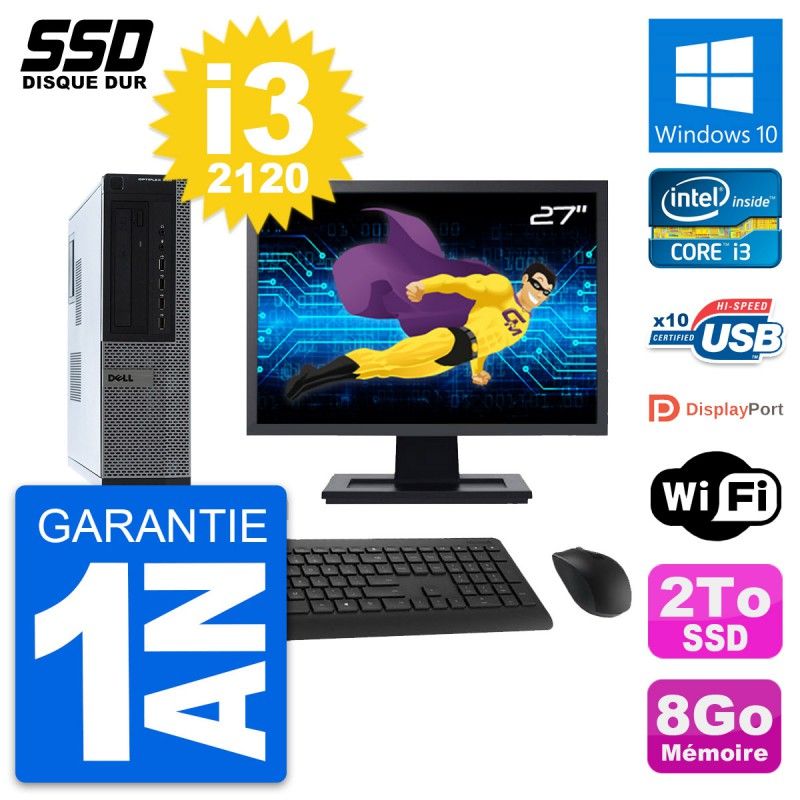 Dell OptiPlex 990 DT Desktop - 27" Screen, Core i3-2120, 8GB RAM, 2TB SSD, Windows 10, WiFi