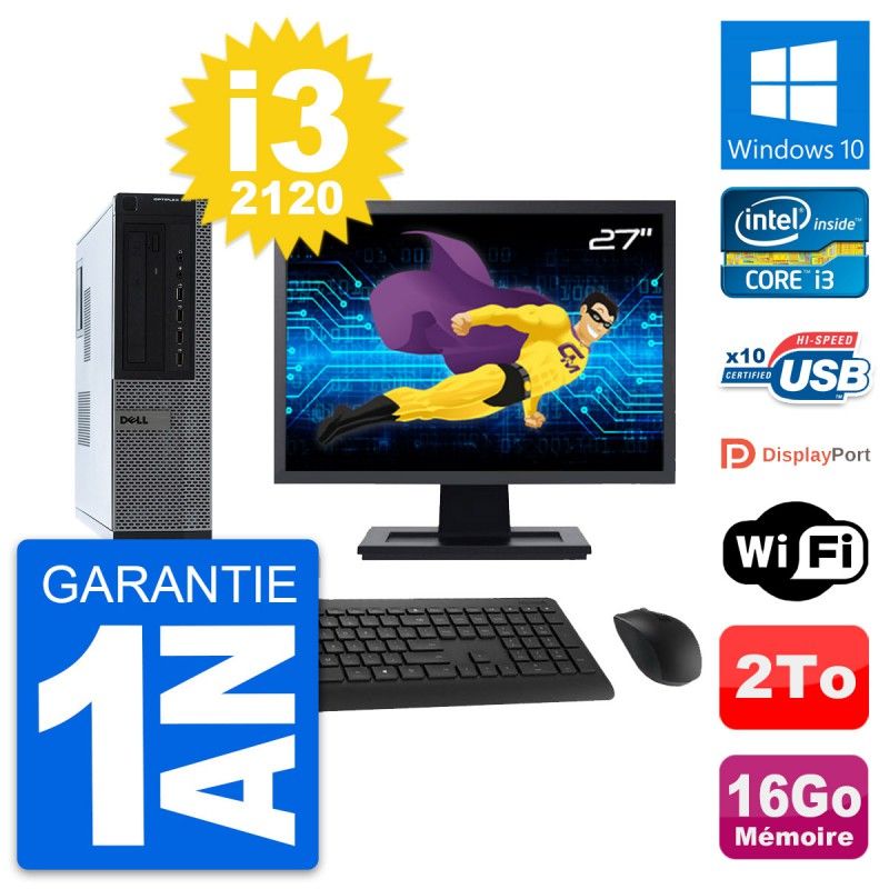 Dell OptiPlex 990 DT Desktop Computer - 27" Screen, Intel i3-2120, 16GB RAM, 2TB HDD, Windows 10, WiFi