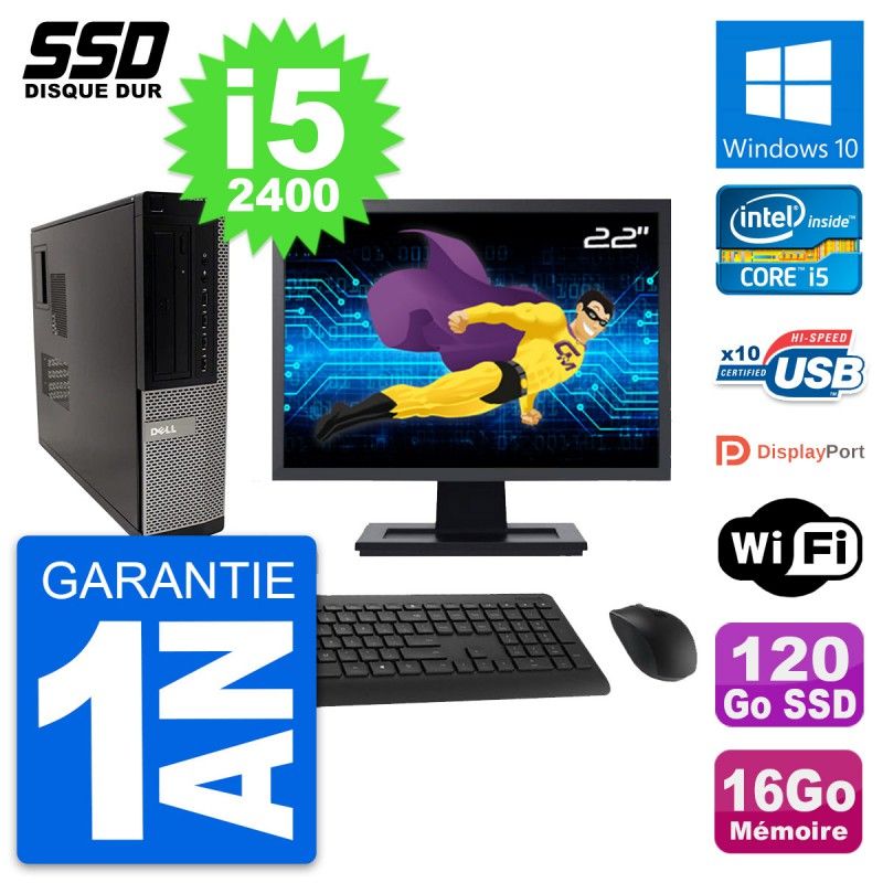 Dell OptiPlex 990 DT Desktop PC - 22" Screen, Intel Core i5-2400, 16GB RAM, 120GB SSD, Windows 10, WiFi