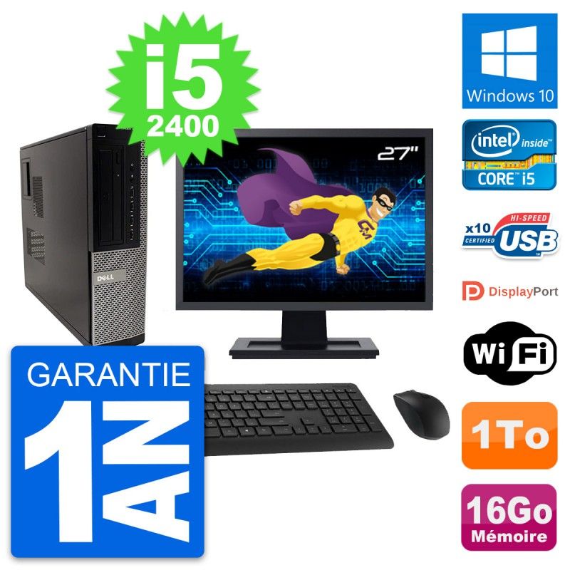 Dell OptiPlex 990 DT Desktop Computer, 27" Screen, Intel i5-2400, 16GB RAM, 1TB HDD, Windows 10, WiFi