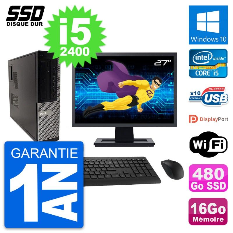 Dell OptiPlex 990 DT Desktop Computer, 27" Screen, Intel Core i5-2400, 16GB RAM, 480GB SSD, Windows 10, WiFi