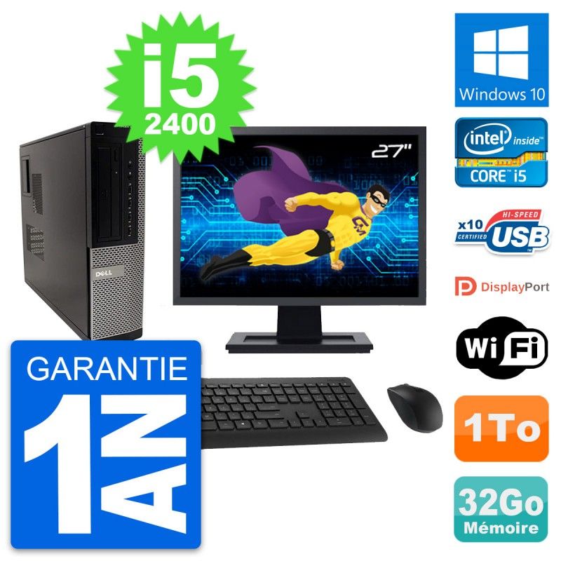 Dell OptiPlex 990 DT Desktop PC - 27" Screen, Intel i5-2400, 32GB RAM, 1TB HDD, Windows 10, WiFi
