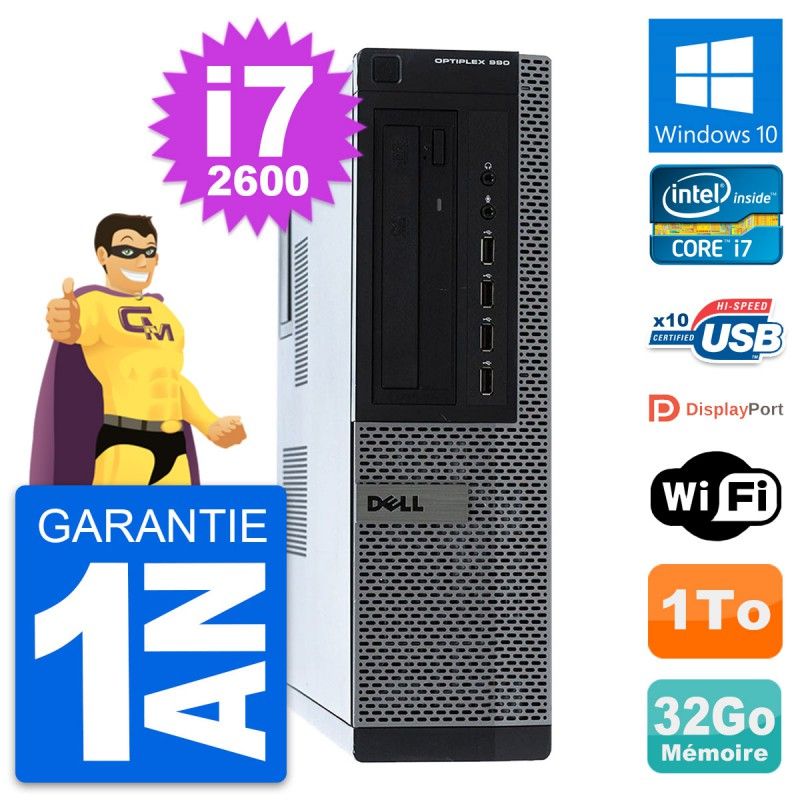 Dell OptiPlex 990 DT Desktop PC - Intel i7-2600, 32GB RAM, 1TB HDD, Windows 10, WiFi