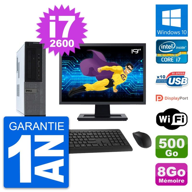 Dell OptiPlex 990 DT Desktop PC - 19" Screen, Intel i7-2600, 8GB RAM, 500GB HDD, Windows 10, WiFi