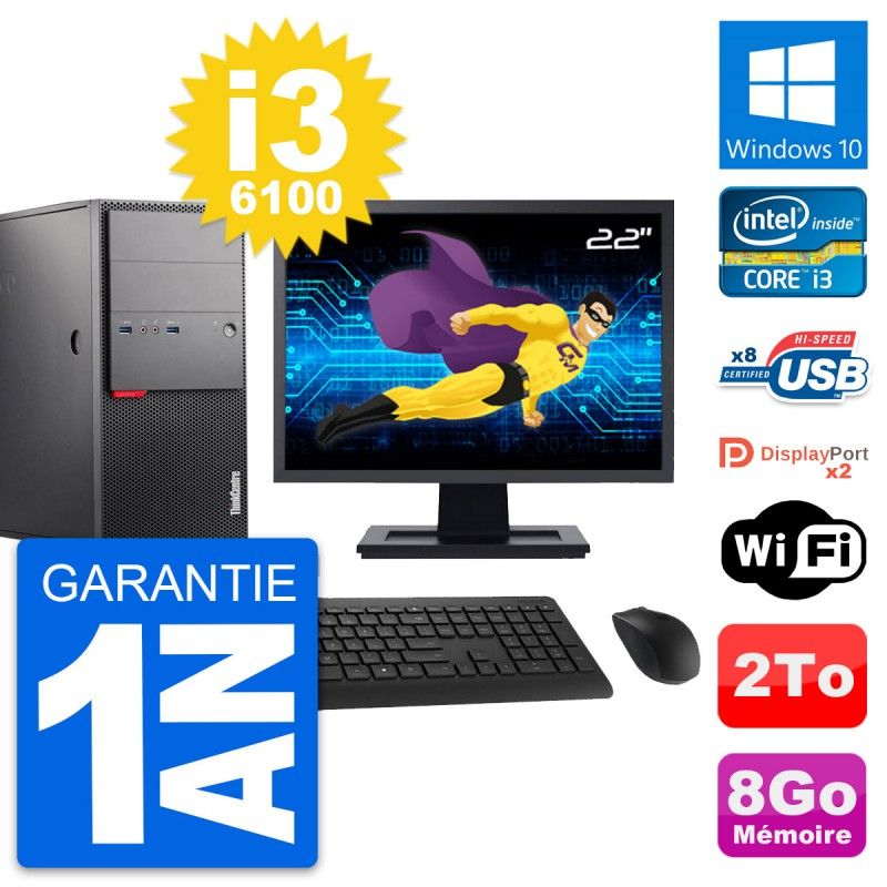 Lenovo M900 Desktop Computer, 22" Screen, Intel i3-6100, 8GB RAM, 2TB Hard Drive, Windows 10, WiFi