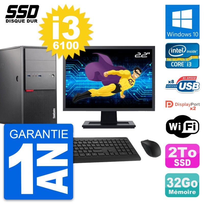 Lenovo M900 Desktop PC - 22" Screen, Intel i3-6100, 32GB RAM, 2TB SSD, Windows 10, Wifi