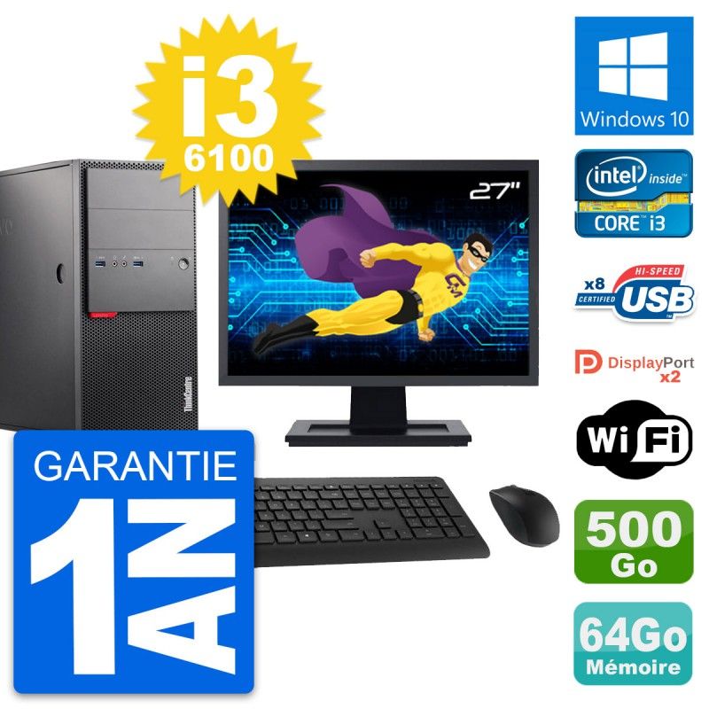 Lenovo M900 Desktop PC - 27" Screen, Core i3-6100, 64GB RAM, 500GB Storage, Windows 10, WiFi