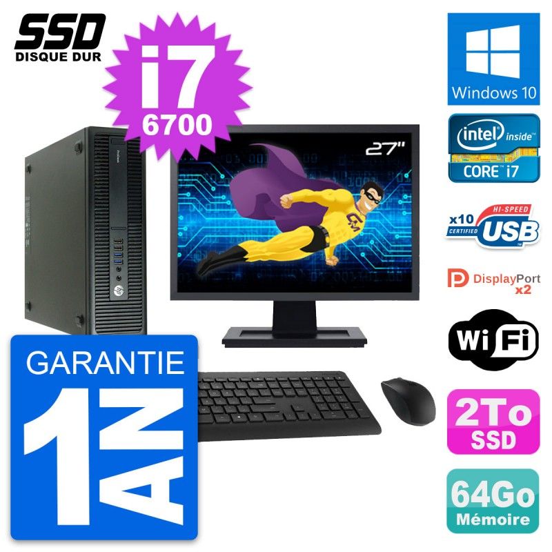 HP ProDesk 600 G2 SFF Desktop Computer, 27" Screen, Intel Core i7-6700, 64GB RAM, 2TB SSD, Windows 10, WiFi