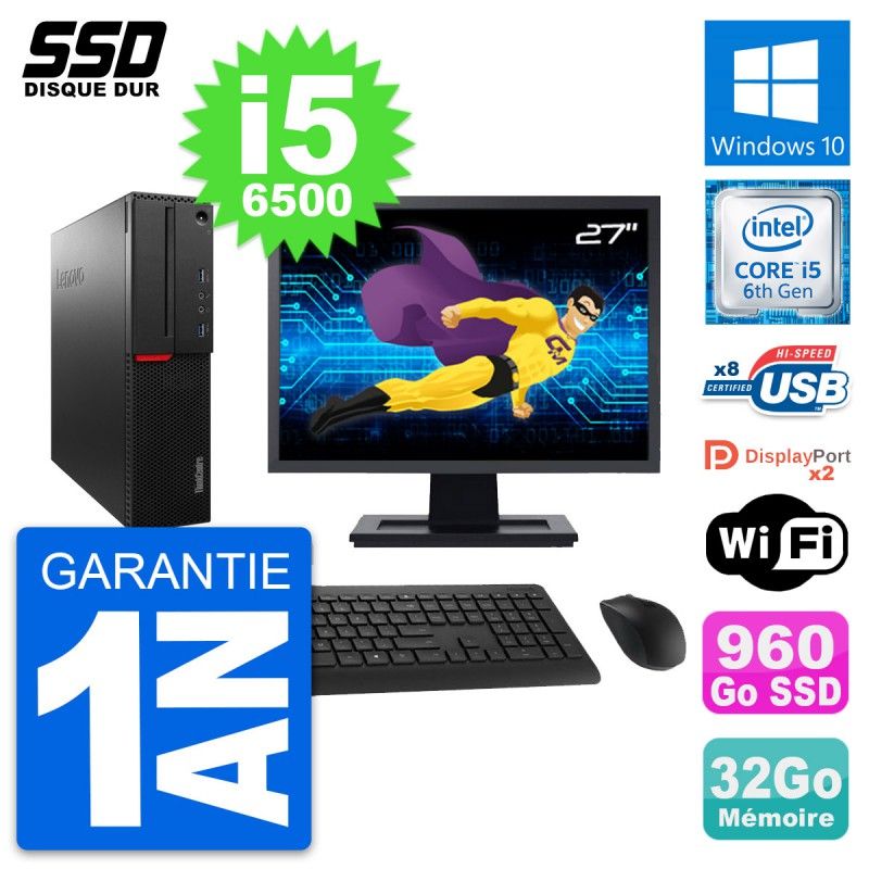 Lenovo M800 SFF Desktop Computer - 27" Screen, Intel i5-6500, 32GB RAM, 960GB SSD, Windows 10, WiFi