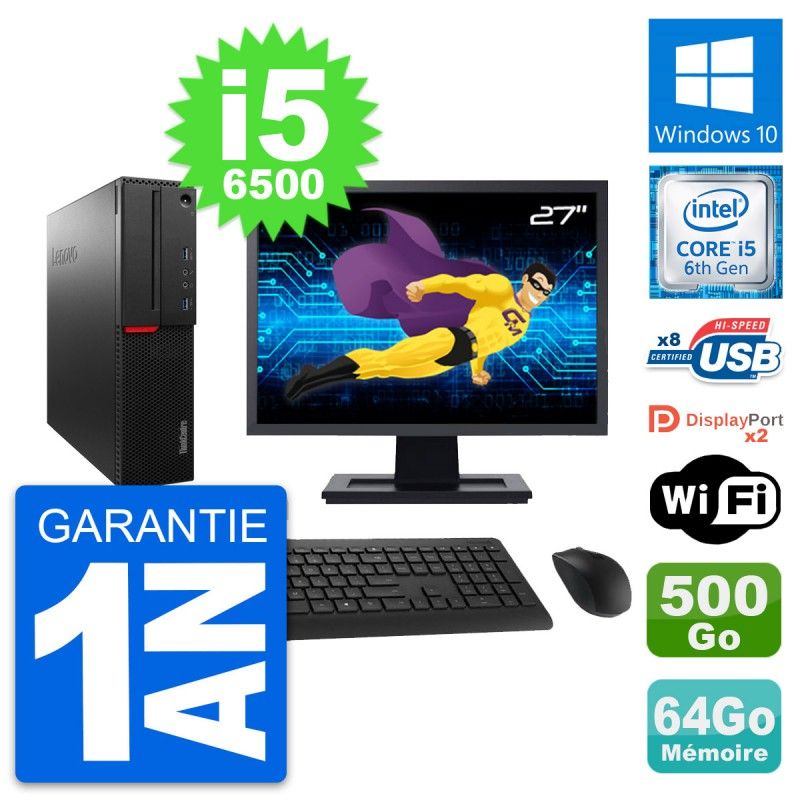 Lenovo M800 SFF Desktop Computer - 27" Screen, Intel i5-6500, 64GB RAM, 500GB HDD, Windows 10, WiFi