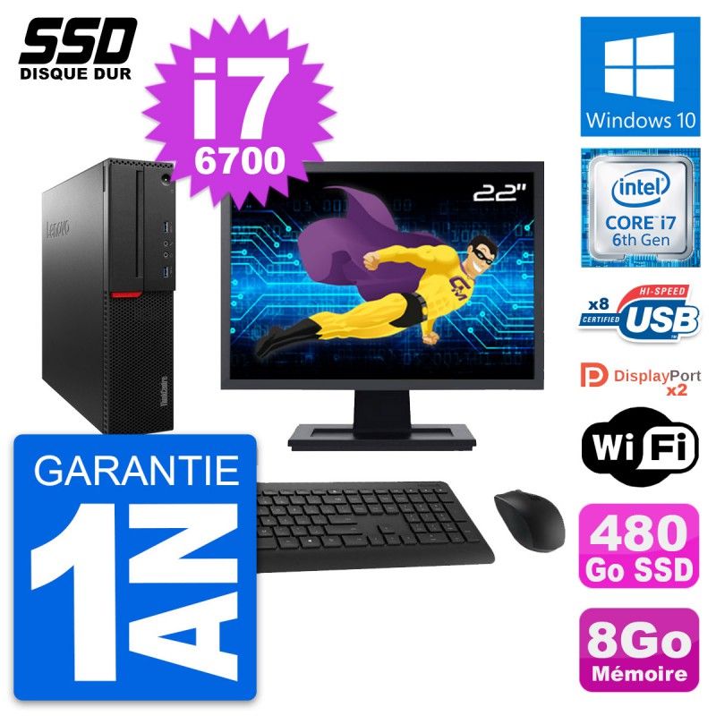 Lenovo M800 SFF Desktop Computer, 22" Screen, Intel i7-6700, 8GB RAM, 480GB SSD, Windows 10, Wifi