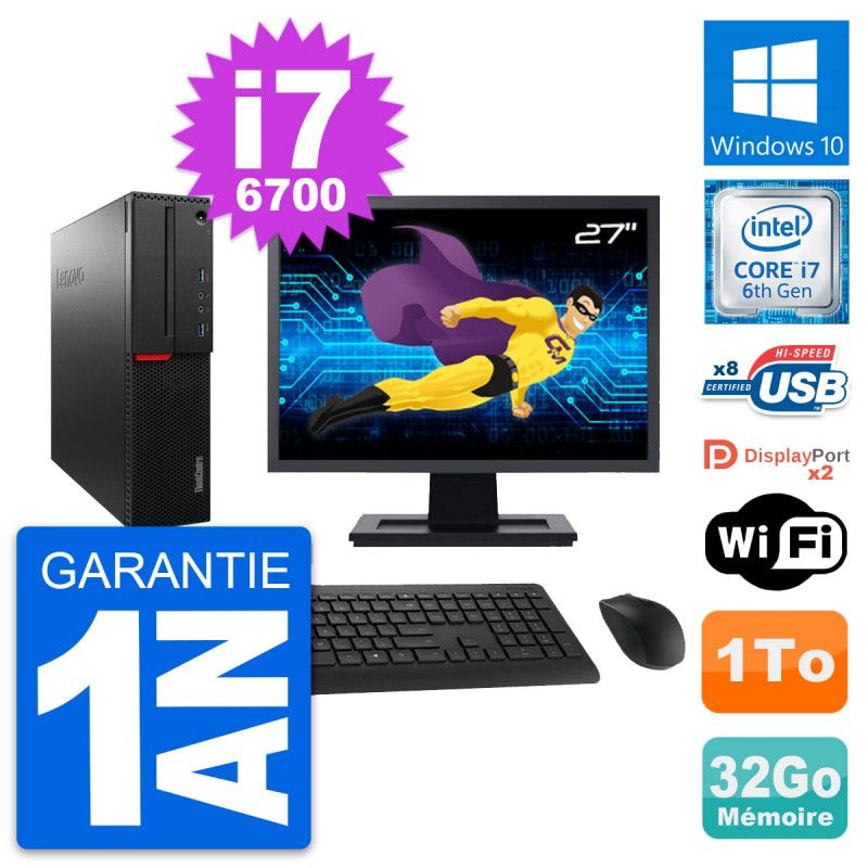 Lenovo M800 SFF Desktop Computer, 27" Screen, Intel i7-6700, 32GB RAM, 1TB HDD, Windows 10, WiFi