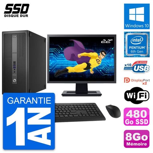 PC de escritorio HP EliteDesk 800 G2 - Pantalla de 22', Procesador Intel Pentium G4400, 8 GB de RAM, 480 GB SSD, Windows 10, WiFi