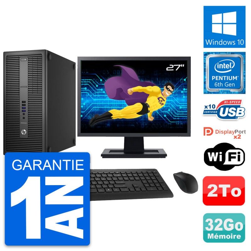HP EliteDesk 800 G2 Desktop PC - 27" Screen, Intel Pentium G4400, 32GB RAM, 2TB Hard Drive, Windows 10, WiFi