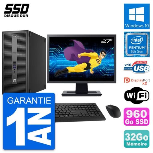 Computadora de escritorio HP EliteDesk 800 G2 - Pantalla de 27'', Procesador Intel Pentium G4400, 32GB de RAM, 960GB SSD, Windows 10, WiFi