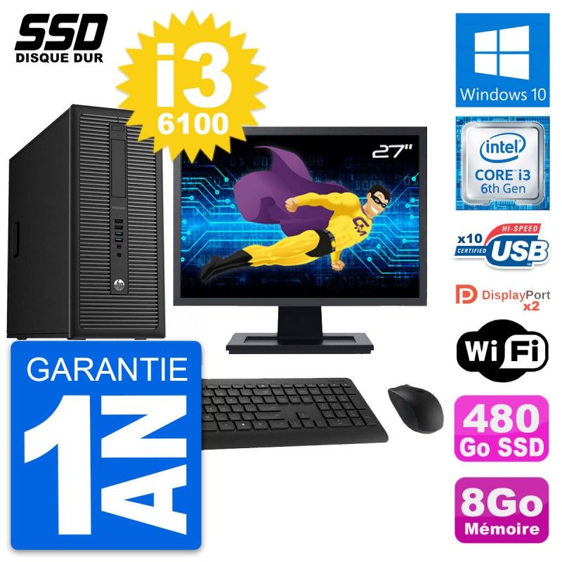 HP EliteDesk 800 G2 27" Monitor, i3-6100, 8GB RAM, 480GB SSD, Windows 10, WiFi