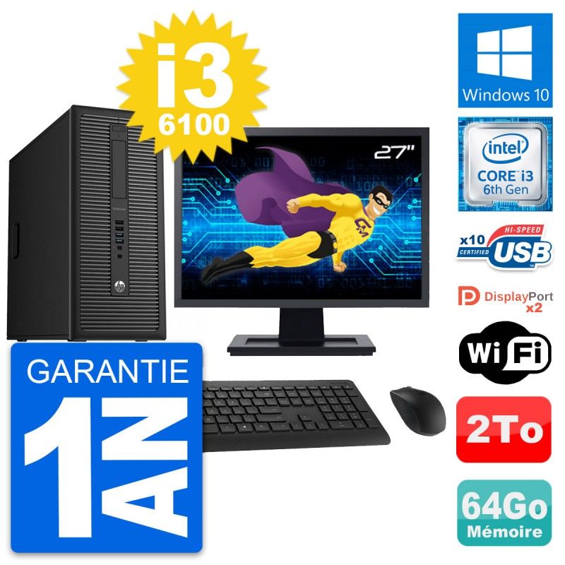 HP EliteDesk 800 G2 Desktop PC - 27" Screen, Intel i3-6100, 64GB RAM, 2TB HDD, Windows 10, WiFi