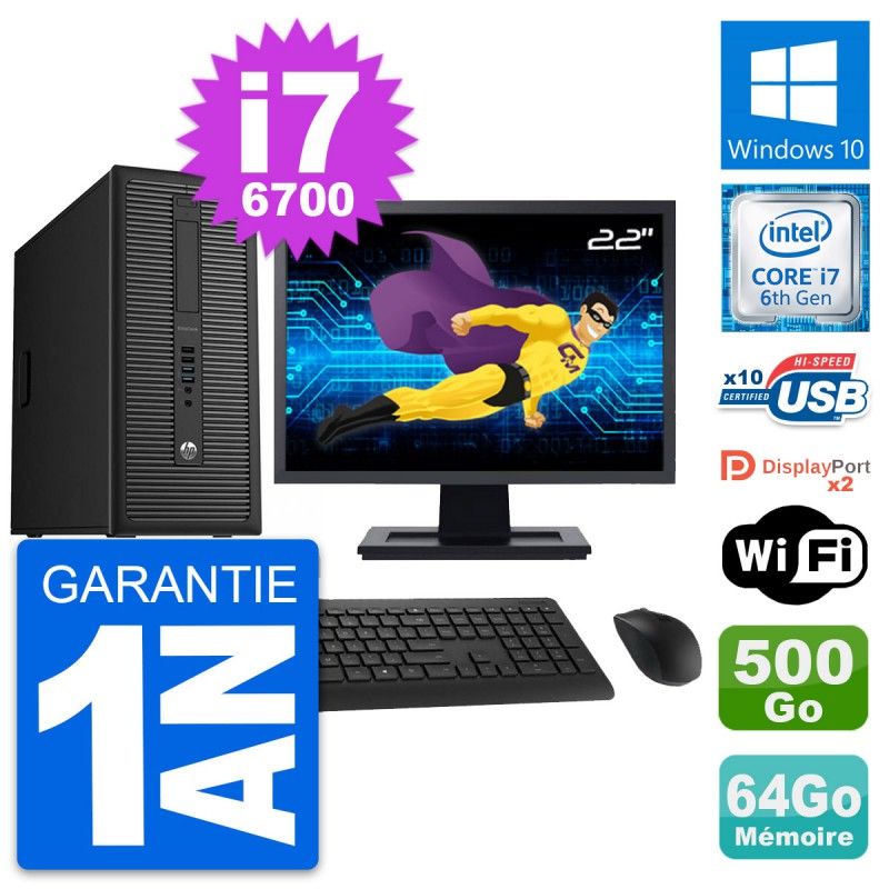 PC de escritorio HP EliteDesk 800 G2 - Pantalla de 22', Intel i7-6700, 64GB de RAM, 500GB HDD, Windows 10, WiFi