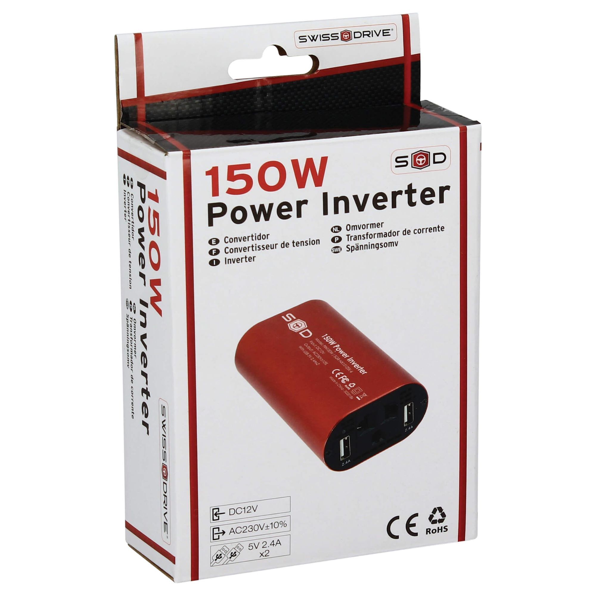 Carplus 12V to 230V Converter 150W+ USB 2.4A + Cable 12V