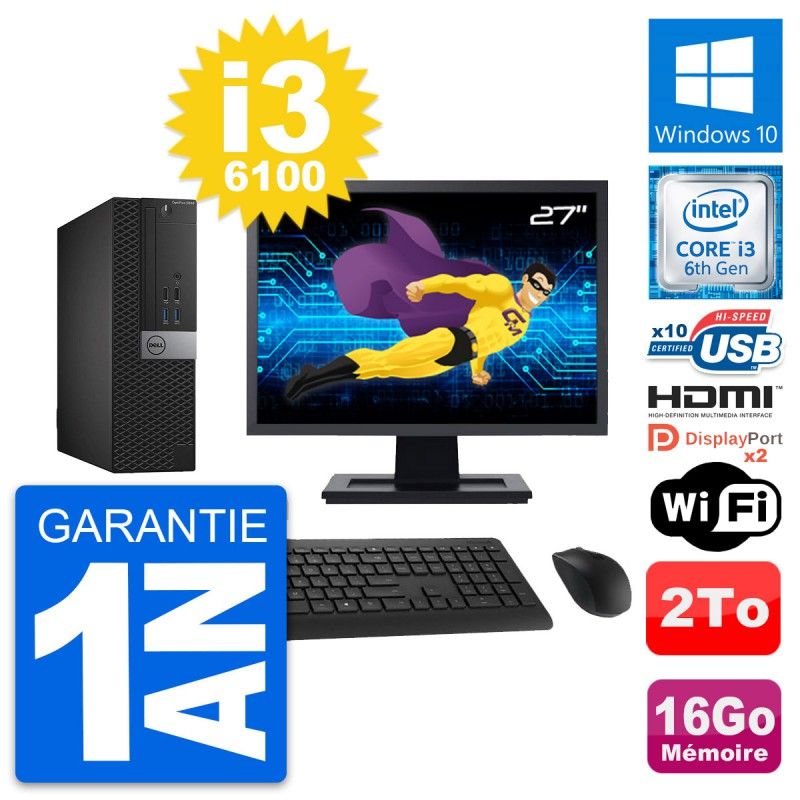 Dell OptiPlex 5040 SFF PC - 27" Screen, Core i3-6100, 16GB RAM, 2TB HDD, HDMI, WiFi