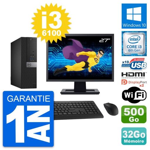 PC de escritorio Dell OptiPlex 5040 SFF - Pantalla de 27', i3-6100, 32GB RAM, 500GB HDD, HDMI, WiFi