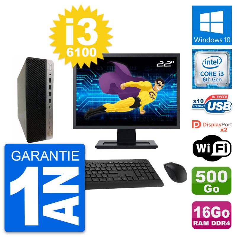 HP ProDesk 600 G3 SFF PC - 22" Screen, Intel i3-6100, 16GB RAM, 500GB HDD