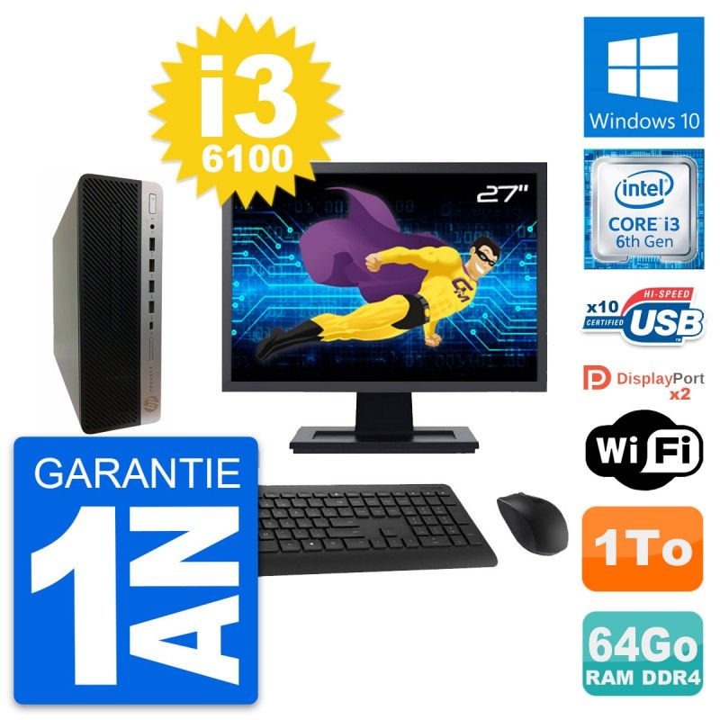HP ProDesk 600 G3 SFF Computer - 27" Screen, Intel i3-6100, 64GB RAM, 1TB HDD, Windows 10