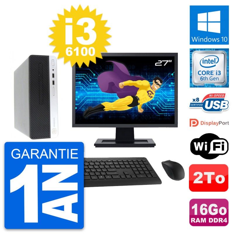 HP ProDesk 400 G4 SFF PC - 27" Screen, Intel i3-6100, 16GB RAM, 2TB Hard Drive, Windows 10, WiFi