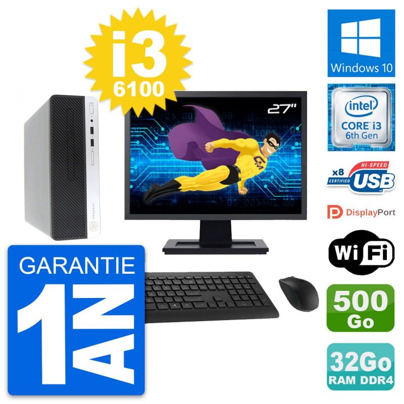 HP ProDesk 400 G4 SFF PC - 27" Screen, Intel i3-6100, 32GB RAM, 500GB Storage, Windows 10, WiFi