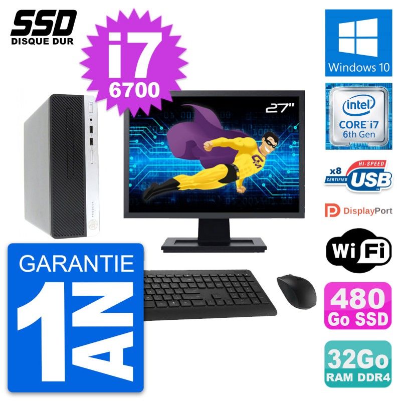HP ProDesk 400 G4 SFF Computer - 27" Screen, i7-6700, 32GB RAM, 480GB SSD, Windows 10, Wifi