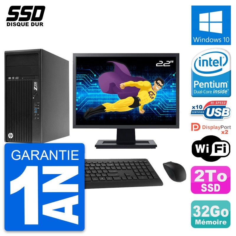 HP Z230 Workstation PC - 22" Screen, Intel Pentium G3220, 32GB RAM, 2TB SSD, Windows 10, WiFi